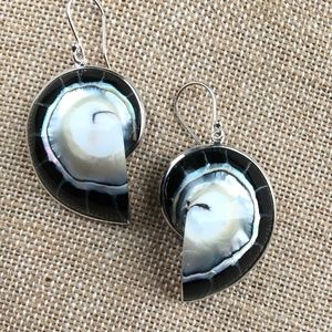 Lustrous black & silver fossil sterling earrings